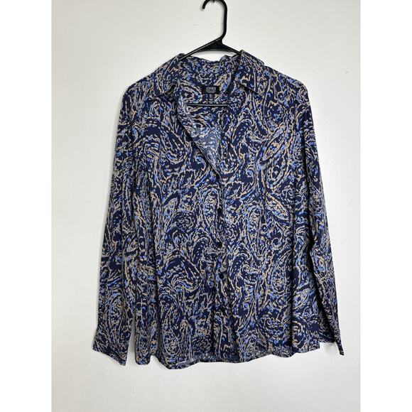Jones New York Signature Size Large Button Front Shirt Blue Geometric Long Sleev - Picture 1 of 7